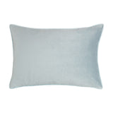 Rectangular Arcticus velvet cushion in plain pale duck-egg blue with contrast piped edge, shown reverse side against a plain white background.