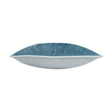 Side view of the Arcticus Animal Velvet Cushion in blue, showing the teal-blue embroidered velvet front, pale grey velvet reverse, and piped edge trim on a white background.