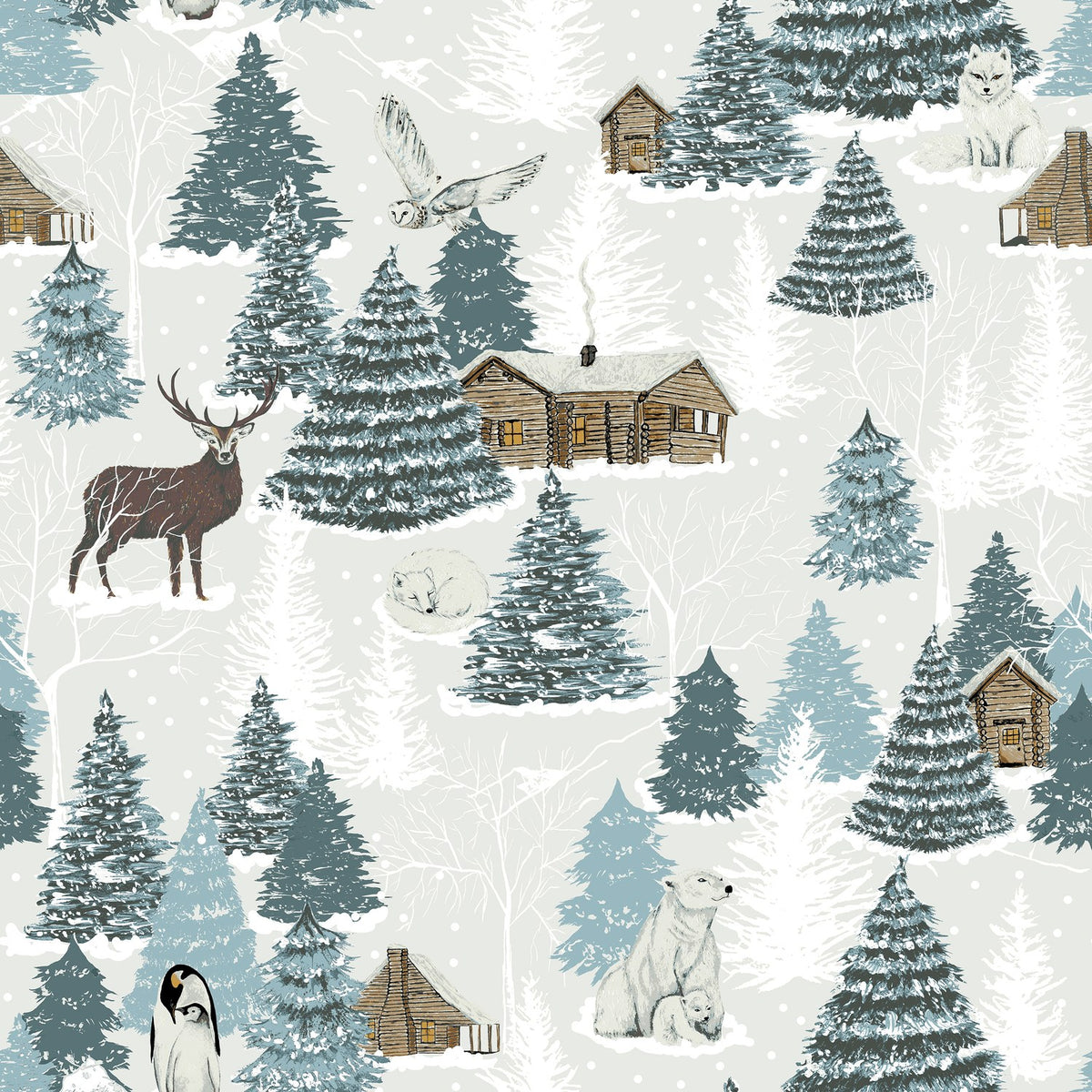 Arcticus Printed Animal Duvet Cover Set in blue, featuring a winter woodland pattern with pine trees, log cabins, a stag, owl, polar bears, fox and penguins on a light background.