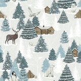 Arcticus Printed Animal Duvet Cover Set in blue, featuring a winter woodland pattern with pine trees, log cabins, a stag, owl, polar bears, fox and penguins on a light background.
