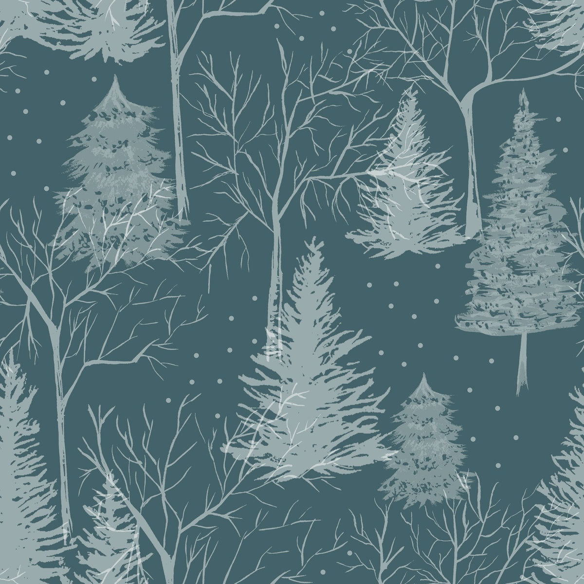 Arcticus Printed Animal Duvet Cover Set in blue, showing a repeating winter forest pattern of pine and bare trees in light grey-blue tones on a darker teal background.