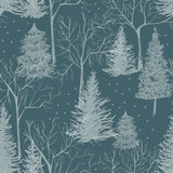 Arcticus Printed Animal Duvet Cover Set in blue, showing a repeating winter forest pattern of pine and bare trees in light grey-blue tones on a darker teal background.