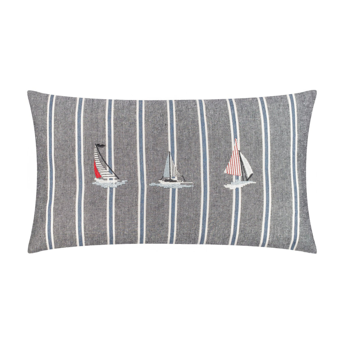 Abersoch Regatta Striped Cotton Cushion in navy, a rectangular bolster with vertical blue and cream stripes and three embroidered sailboats in grey, red and off-white, shown on a white background.