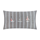 Abersoch Regatta Striped Cotton Cushion in navy, a rectangular bolster with vertical blue and cream stripes and three embroidered sailboats in grey, red and off-white, shown on a white background.