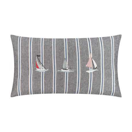 Abersoch Regatta Striped Cotton Cushion in navy, a rectangular bolster with vertical blue and cream stripes and three embroidered sailboats in grey, red and off-white, shown on a white background.