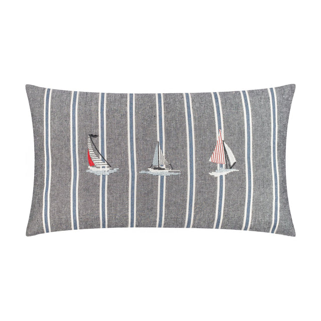 Abersoch Regatta Striped Cotton Cushion in navy, a rectangular bolster with vertical blue and cream stripes and three embroidered sailboats in grey, red and off-white, shown on a white background.