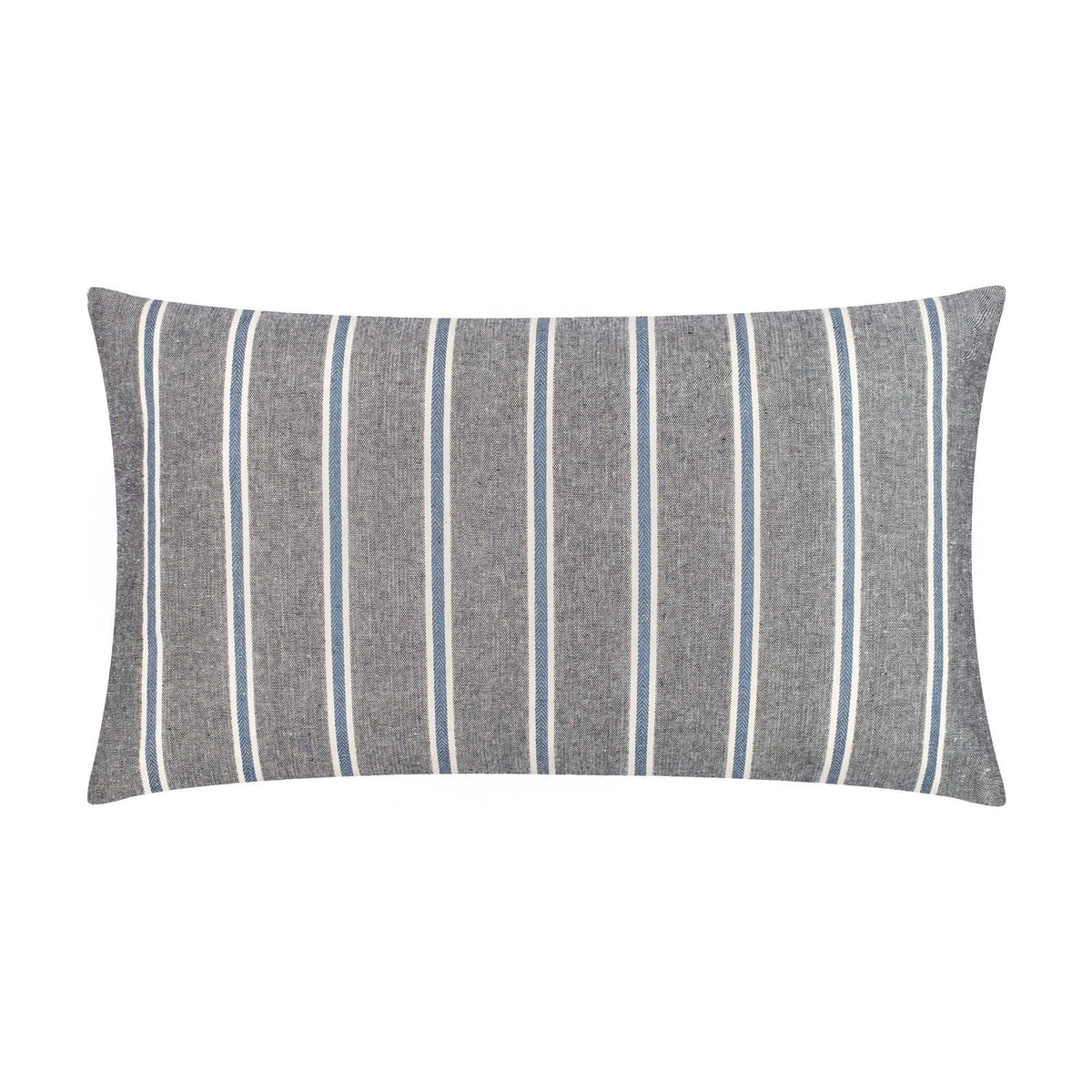 Abersoch Regatta Striped Cotton Cushion in Navy, a rectangular bolster cushion with vertical grey, blue and cream stripes in cotton, shown on a plain white background.
