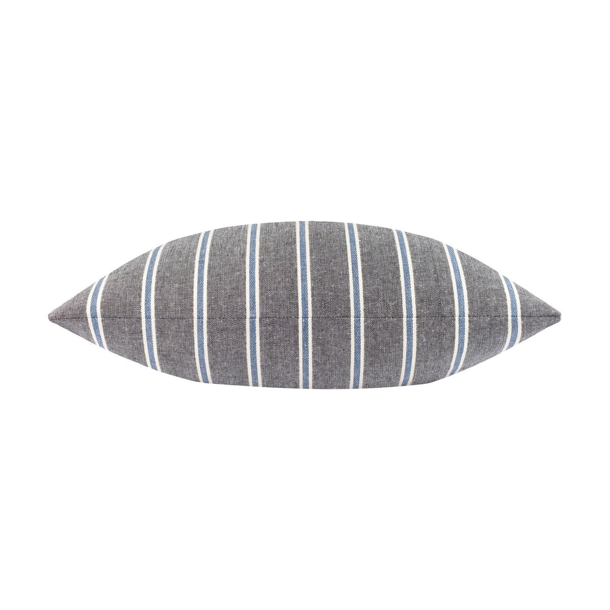 Abersoch Regatta bolster cushion in grey cotton with vertical blue and cream stripes, pointed rectangular ends, shown on a plain white background.