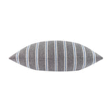 Abersoch Regatta bolster cushion in grey cotton with vertical blue and cream stripes, pointed rectangular ends, shown on a plain white background.