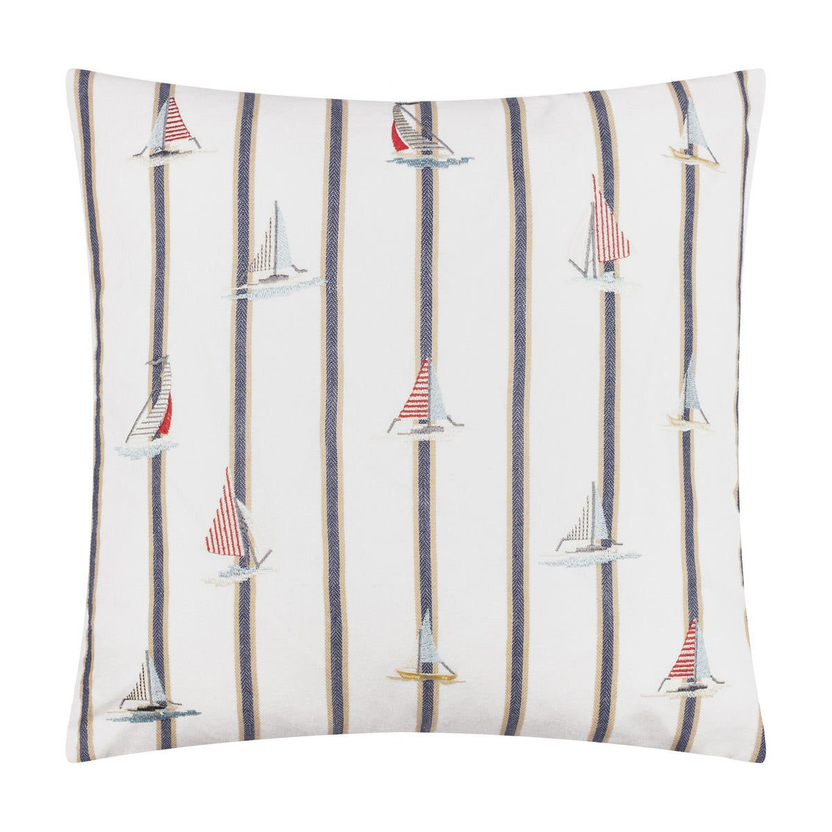 Abersoch Regatta square cushion in ecru cotton with navy and sandy vertical stripes and embroidered sailboats in red, cream and pale blue, shown on a white background.