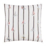 Abersoch Regatta square cushion in ecru cotton with navy and sandy vertical stripes and embroidered sailboats in red, cream and pale blue, shown on a white background.