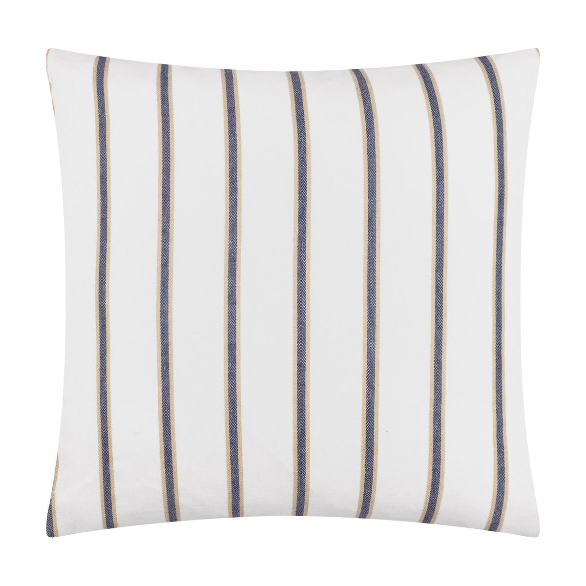 Abersoch Regatta striped cotton cushion in ecru, featuring vertical navy and sandy yarn-dyed stripes on a white ground, shown on a plain background.