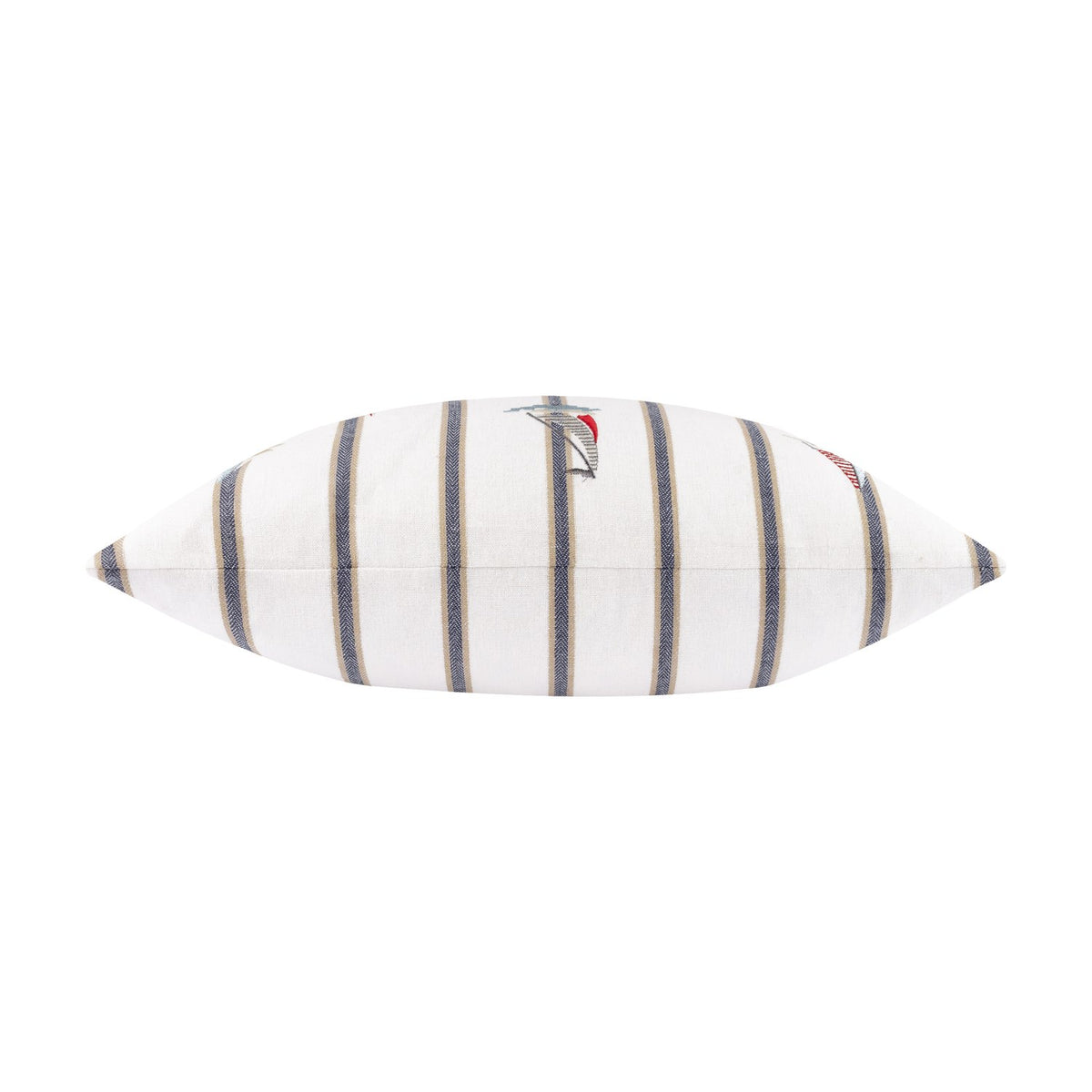 Abersoch Regatta striped cotton cushion in ecru, side view showing navy and sandy vertical stripes with an embroidered sailboat detail, on a plain white background.