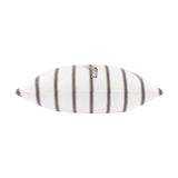 Abersoch Regatta striped cotton cushion in ecru, side view showing navy and sandy vertical stripes with an embroidered sailboat detail, on a plain white background.