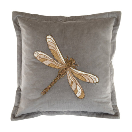 Aria Animal Velvet Cushion in grey, 50 x 50cm square with a gold, tan and cream beaded dragonfly design off-centre on the front, plain velvet border, shown on a white background.