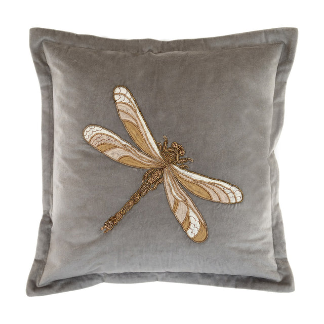 Aria Animal Velvet Cushion in grey, 50 x 50cm square with a gold, tan and cream beaded dragonfly design off-centre on the front, plain velvet border, shown on a white background.