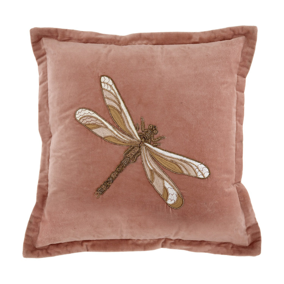 Aria Animal Velvet Cushion in dusky pink with a large embroidered gold, cream and tan beaded dragonfly across the front, flanged edges, shown on a white background.