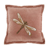 Aria Animal Velvet Cushion in dusky pink with a large embroidered gold, cream and tan beaded dragonfly across the front, flanged edges, shown on a white background.