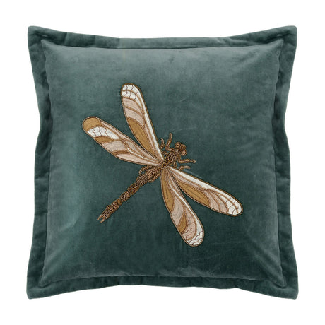 Aria Animal Velvet Cushion in teal, a square velvet cushion with a beaded dragonfly design in amber, gold and cream tones, shown on a plain white background.