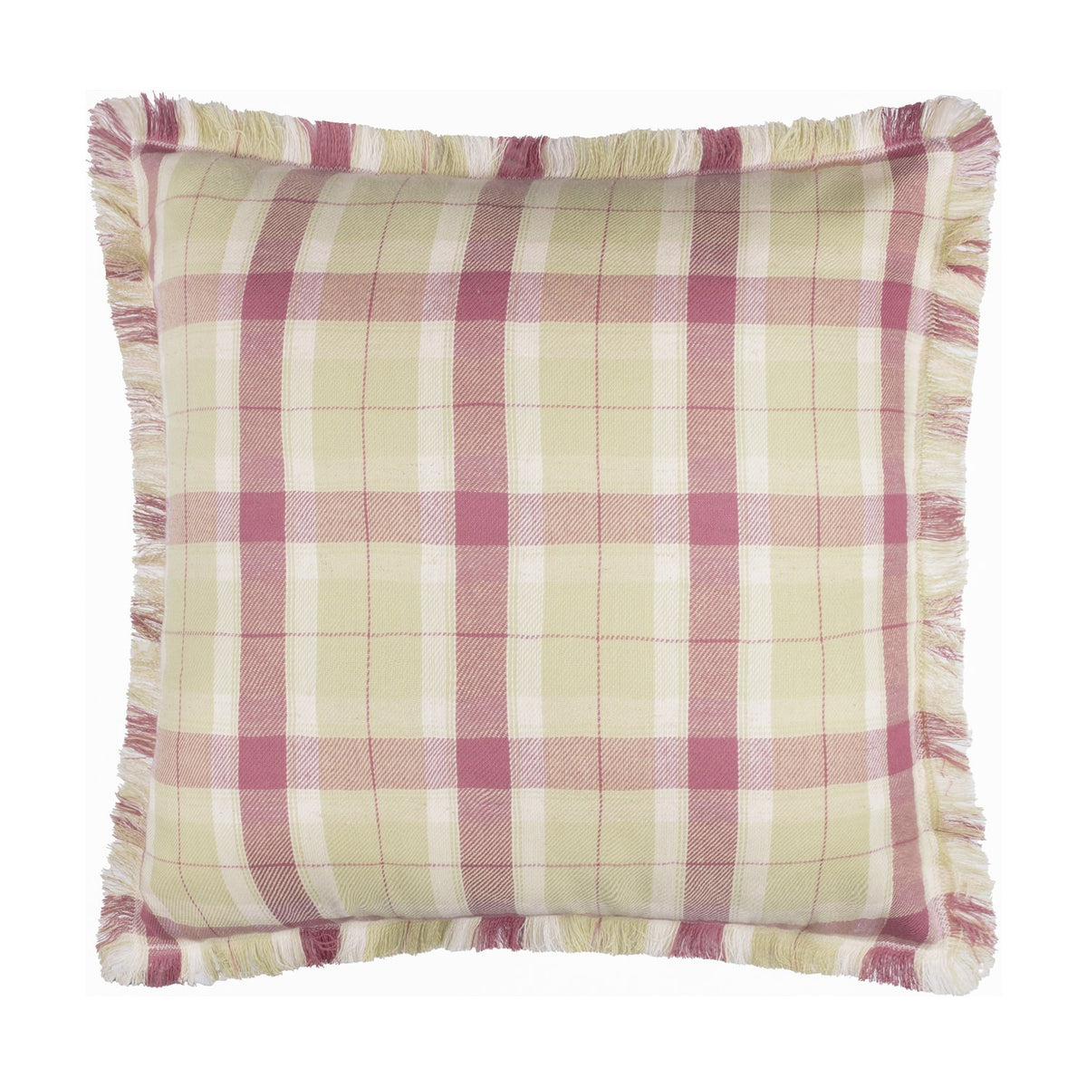 Arrochar Check Linen Cushion in Elderberry, square with self-fringed trim, showing a green, cream and dusty pink tartan check on a white background.