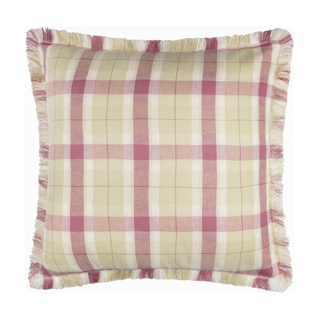 Arrochar Check Linen Cushion in Elderberry, square with self-fringed trim, showing a green, cream and dusty pink tartan check on a white background.