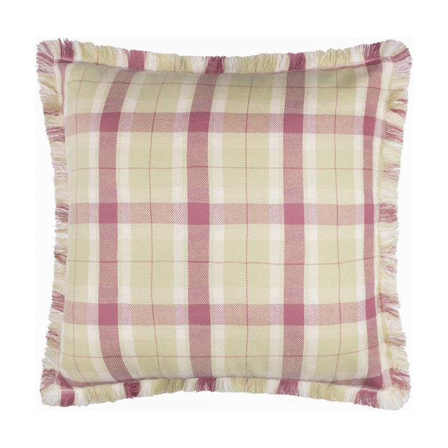 Arrochar Check Linen Cushion in Elderberry, square with self-fringed trim, showing a green, cream and dusty pink tartan check on a white background.