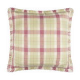 Arrochar Check Linen Cushion in Elderberry, square with self-fringed edging, woven tartan check in soft green, cream and dusty rose tones, shown on a plain white background.