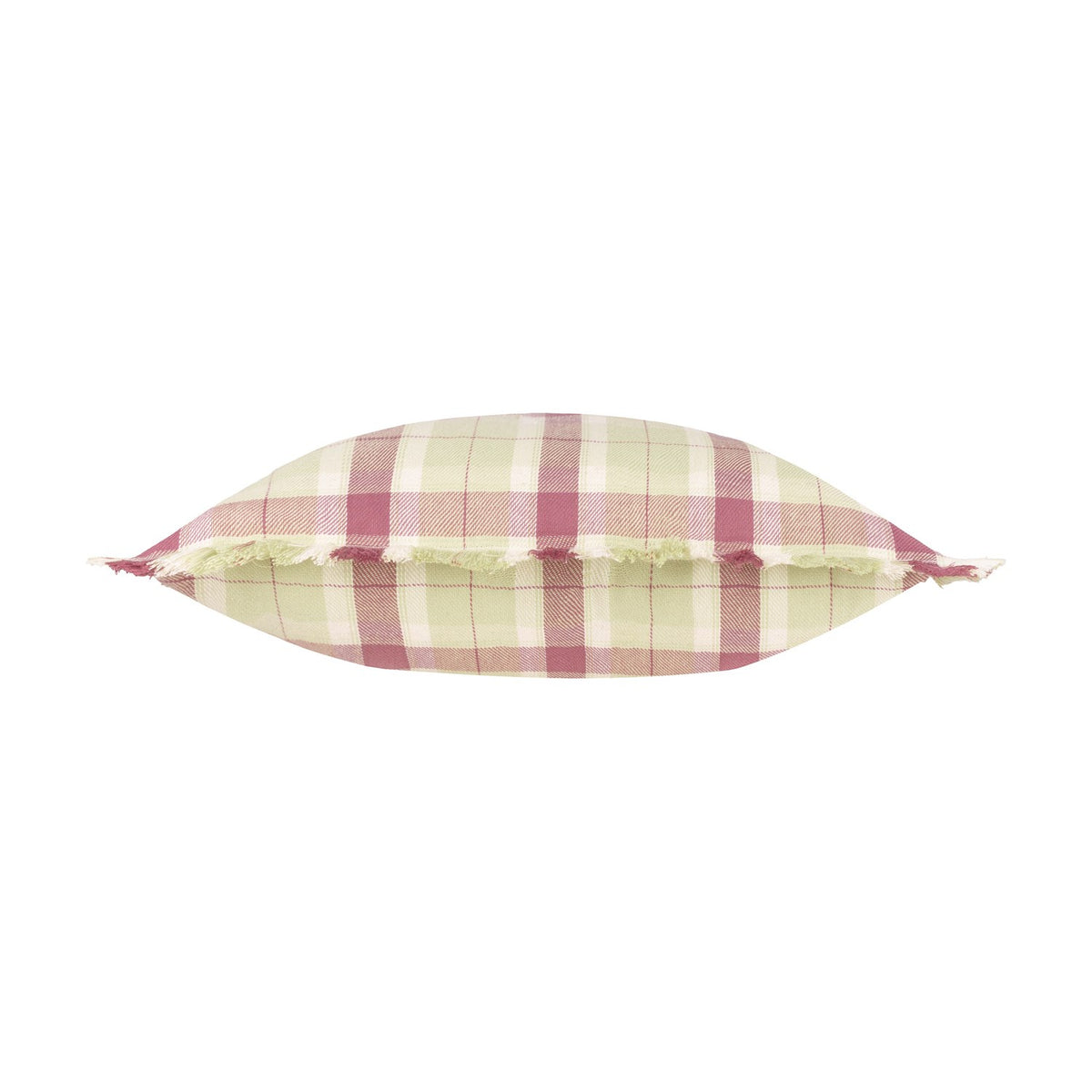 Arrochar Check Linen Cushion in Elderberry, shown side-on with a tartan check pattern in green, cream and pink, and a self-fringed edge trim, on a white background.