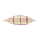 Arrochar Check Linen Cushion in Elderberry, shown side-on with a tartan check pattern in green, cream and pink, and a self-fringed edge trim, on a white background.