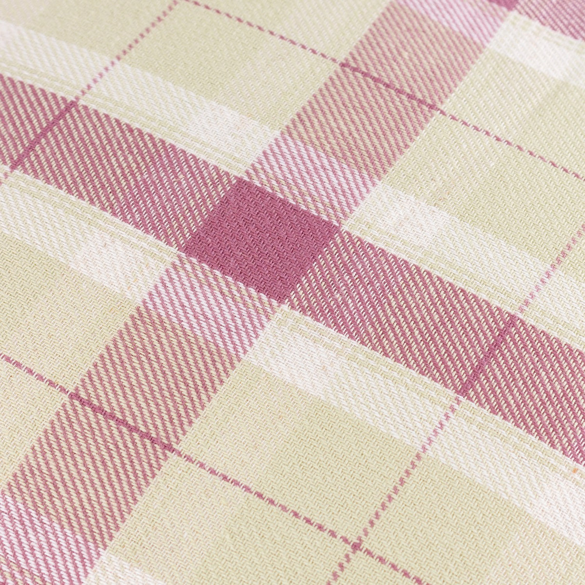 Close-up of the Arrochar Check Linen Cushion in Elderberry, showing a woven tartan check in cream, soft green, dusty rose and deep pink tones on a cotton-linen blend fabric.