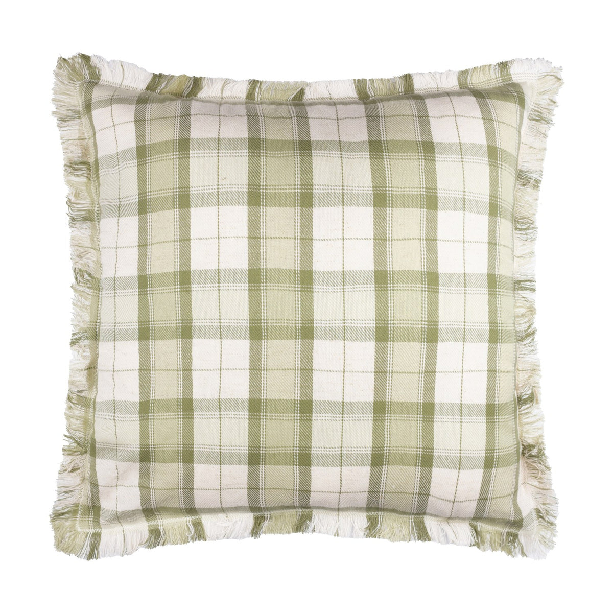 Arrochar Check Linen Cushion in Moss, a square cotton-linen cushion with a woven moss green and cream tartan check and fringed edge trim, shown on a plain white background.