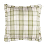 Arrochar Check Linen Cushion in Moss, a square cotton-linen cushion with a woven moss green and cream tartan check and fringed edge trim, shown on a plain white background.