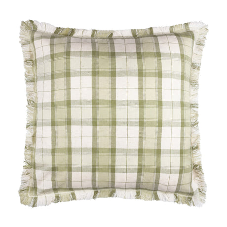 Arrochar Check Linen Cushion in Moss, a square cotton-linen cushion with a woven moss green and cream tartan check and fringed edge trim, shown on a plain white background.