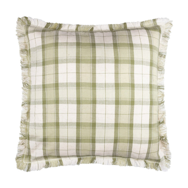 Arrochar Check Linen Cushion in Moss, a square cotton-linen cushion with a woven moss green and cream tartan check and fringed edge trim, shown on a plain white background.