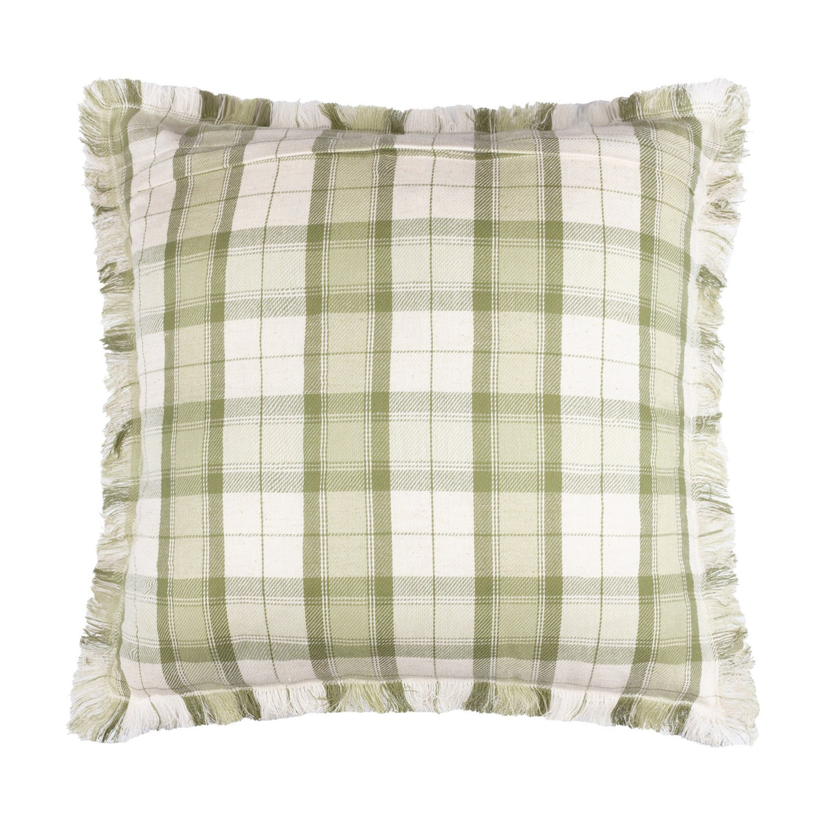 Square cushion in the Arrochar Check Linen Cushion design, featuring a woven moss green and cream tartan pattern with a frayed edge trim, shown on a plain white background.
