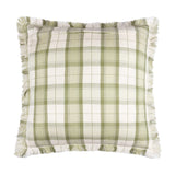 Square cushion in the Arrochar Check Linen Cushion design, featuring a woven moss green and cream tartan pattern with a frayed edge trim, shown on a plain white background.