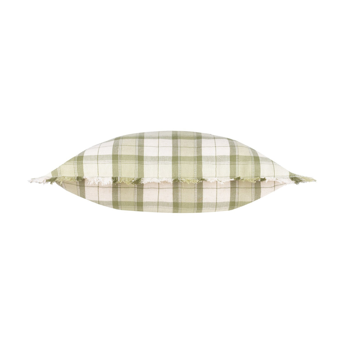 Arrochar Check Linen Cushion in Moss, shown edge-on to reveal its plump shape and frayed-edge trim, with a cream and moss green woven check pattern on a plain white background.