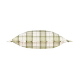 Arrochar Check Linen Cushion in Moss, shown edge-on to reveal its plump shape and frayed-edge trim, with a cream and moss green woven check pattern on a plain white background.