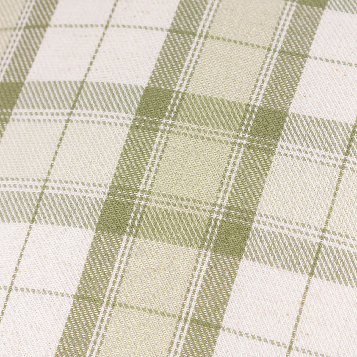 Close-up of the Arrochar Check Linen Cushion in moss, showing a woven tartan check in moss green and cream cotton-linen fabric with visible thread detailing.