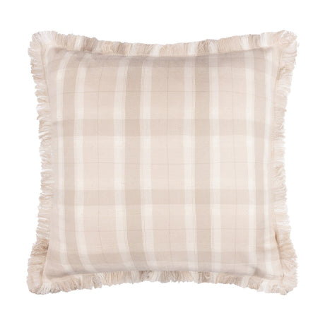 Arrochar Check Linen Cushion in Nut, a 50x50cm cotton-linen blend cushion with an oatmeal and off-white check pattern and self-fringe trim, shown on a white background.