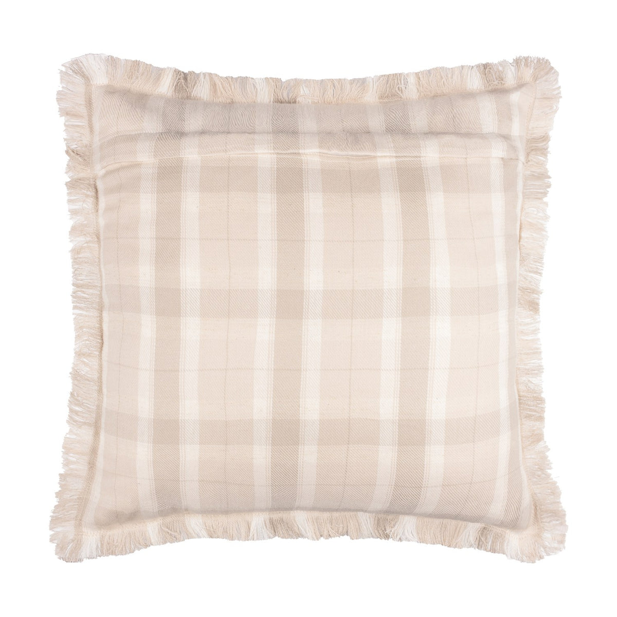 Arrochar Check Linen Cushion in Nut, a 50 x 50cm square cotton-linen blend cushion with an oatmeal and off-white woven check and self-fringe trim, shown on a plain white background.