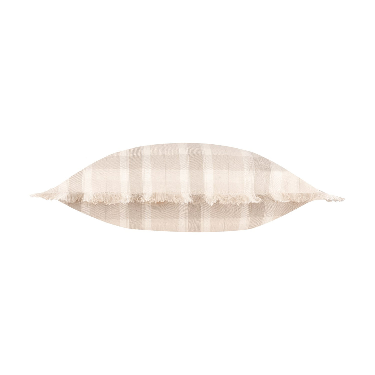 Arrochar Check Linen Cushion in Nut, side view showing plump cotton-linen bolster shape with oatmeal and cream check pattern and self-fringe edging, on a plain white background.