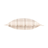 Arrochar Check Linen Cushion in Nut, side view showing plump cotton-linen bolster shape with oatmeal and cream check pattern and self-fringe edging, on a plain white background.