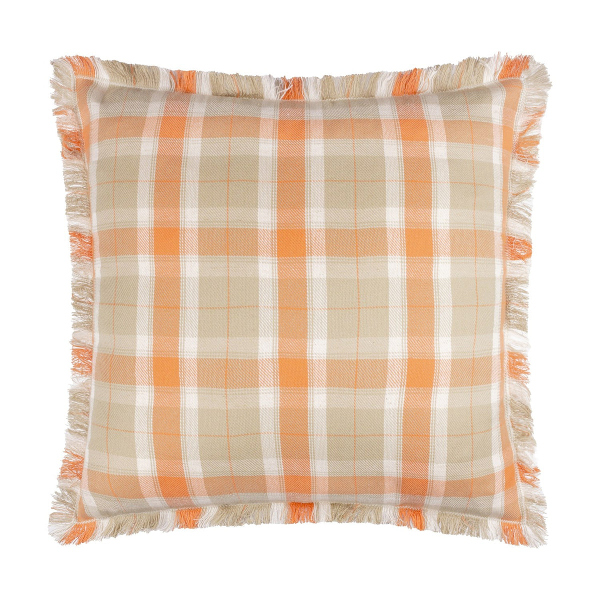 Arrochar Check Linen Cushion in Russet, a 50x50cm square cushion with a woven tartan check in orange, sandy taupe and off-white, finished with a self-fringed edge, shown on a plain white background.