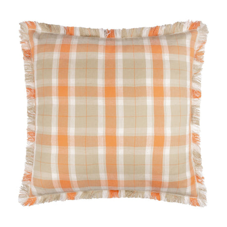 Arrochar Check Linen Cushion in Russet, a 50x50cm square cushion with a woven tartan check in orange, sandy taupe and off-white, finished with a self-fringed edge, shown on a plain white background.