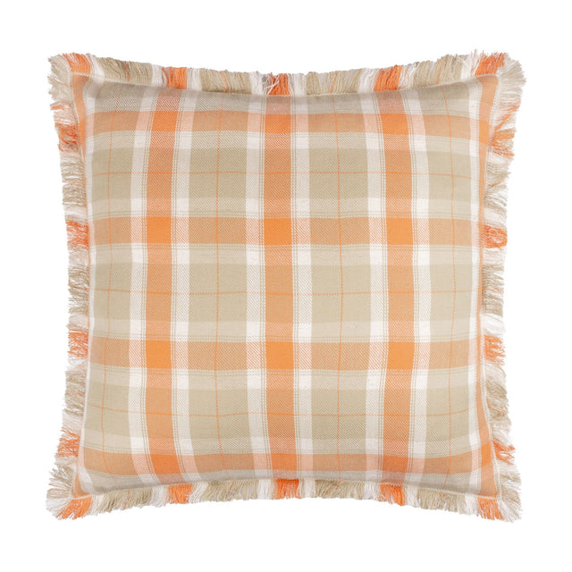 Arrochar Check Linen Cushion in Russet, a 50x50cm square cushion with a woven tartan check in orange, sandy taupe and off-white, finished with a self-fringed edge, shown on a plain white background.