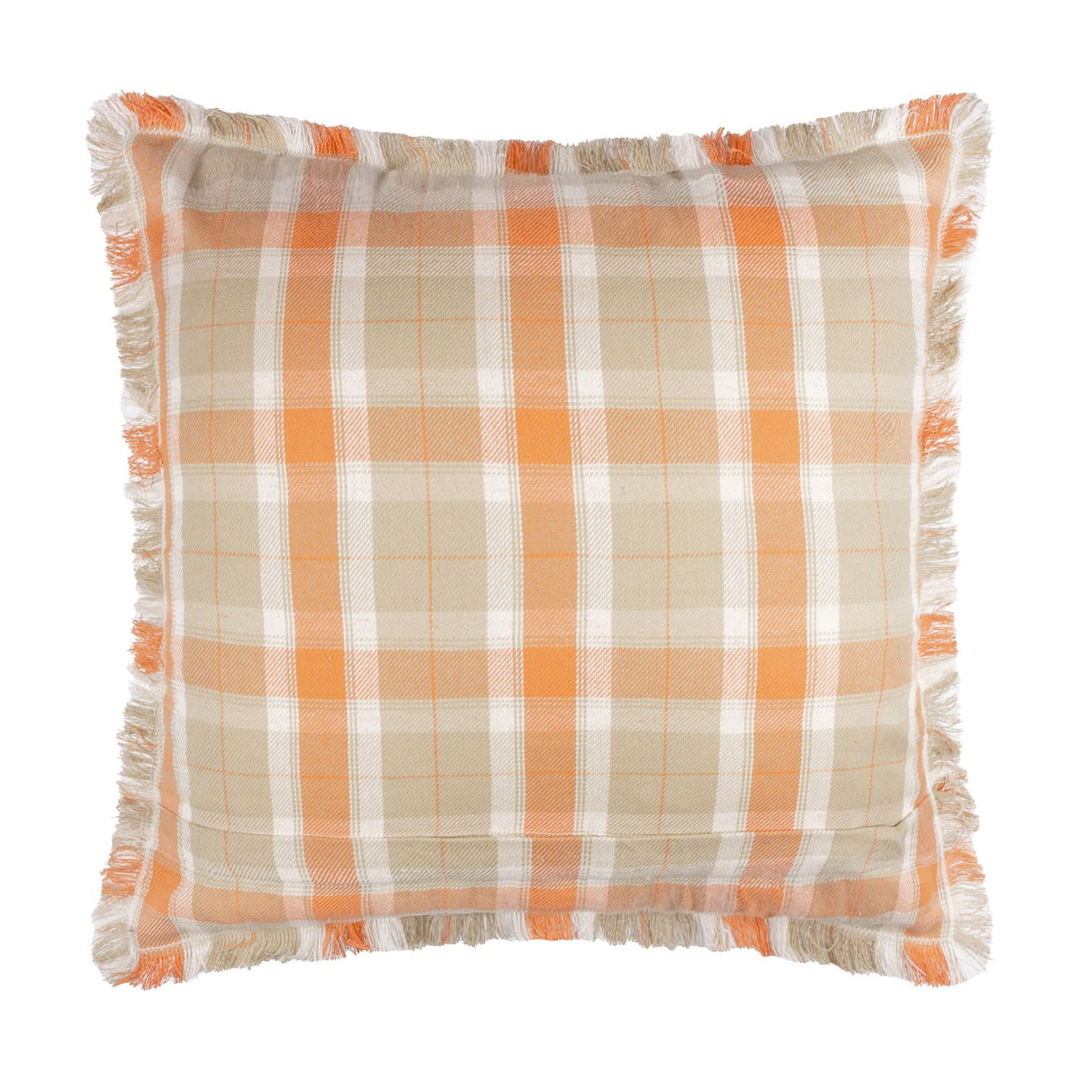 Arrochar Check Linen Cushion in Russet, a 50x50cm square cushion with a woven orange, taupe and off-white tartan pattern and self-fringed edging, shown on a plain white background.