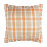 Arrochar Check Linen Cushion in Russet, a 50x50cm square cushion with a woven orange, taupe and off-white tartan pattern and self-fringed edging, shown on a plain white background.
