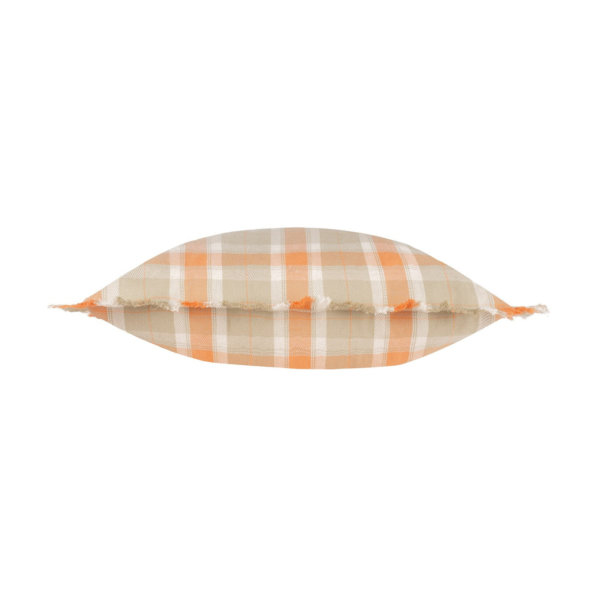 Arrochar Check Linen Cushion in Russet, shown side-on to display its plump filled shape and self-fringed edge trim in orange, sandy taupe and off-white check, on a plain white background.