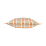Arrochar Check Linen Cushion in Russet, shown side-on to display its plump filled shape and self-fringed edge trim in orange, sandy taupe and off-white check, on a plain white background.